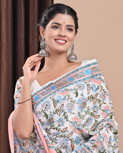 Floral Jaal Hand Block Print Chanderi Silk Saree (CHSAR24)